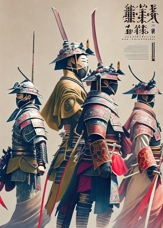 Traditional Japanese samurai armor: Three figures with helmets, masks, and swords