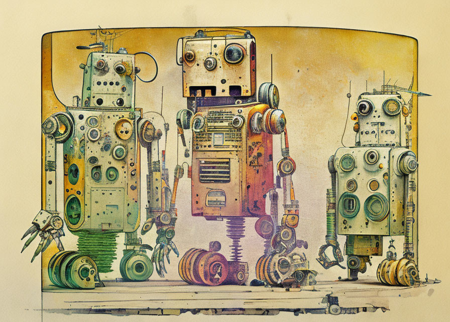 Whimsical vintage robots in sepia tones