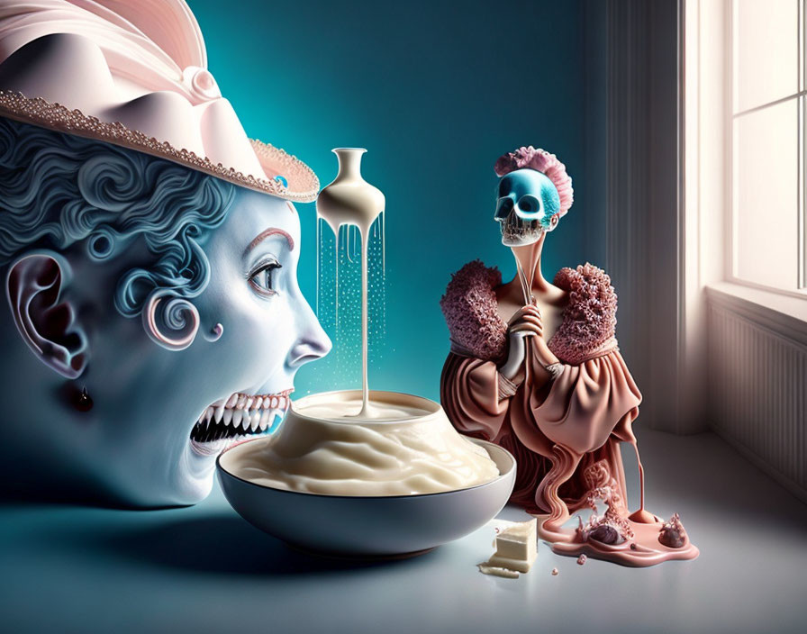 Surreal Artwork: Wide-eyed woman, skeleton with umbrella, melting objects in room