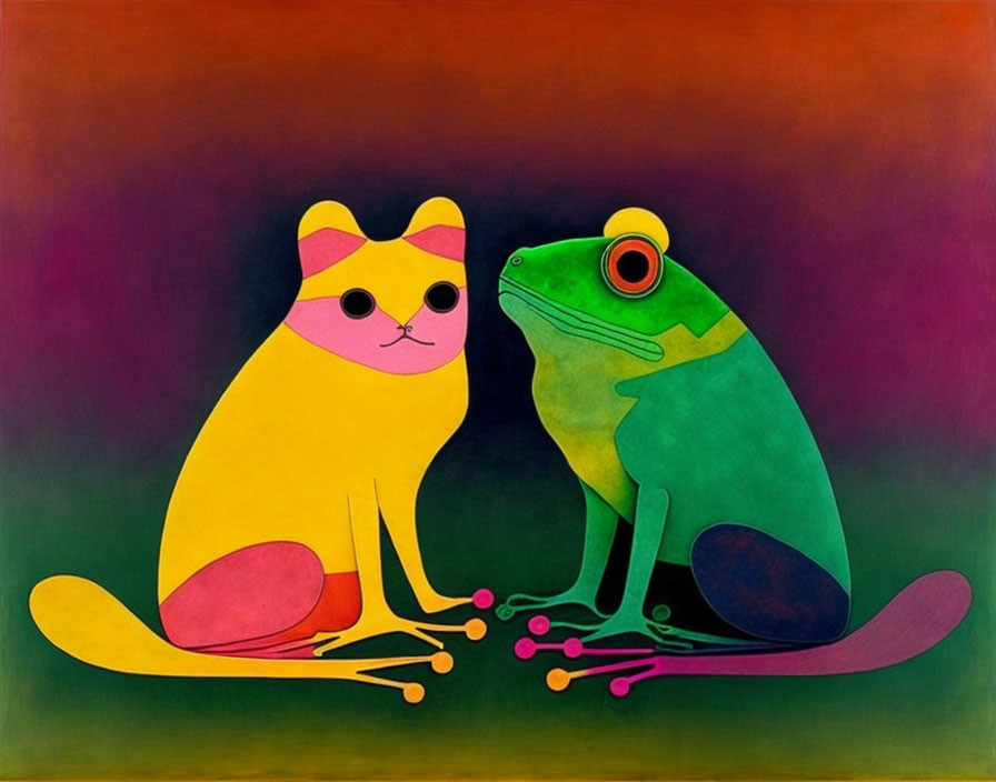 Vibrant illustration of yellow cat and green frog on gradient background