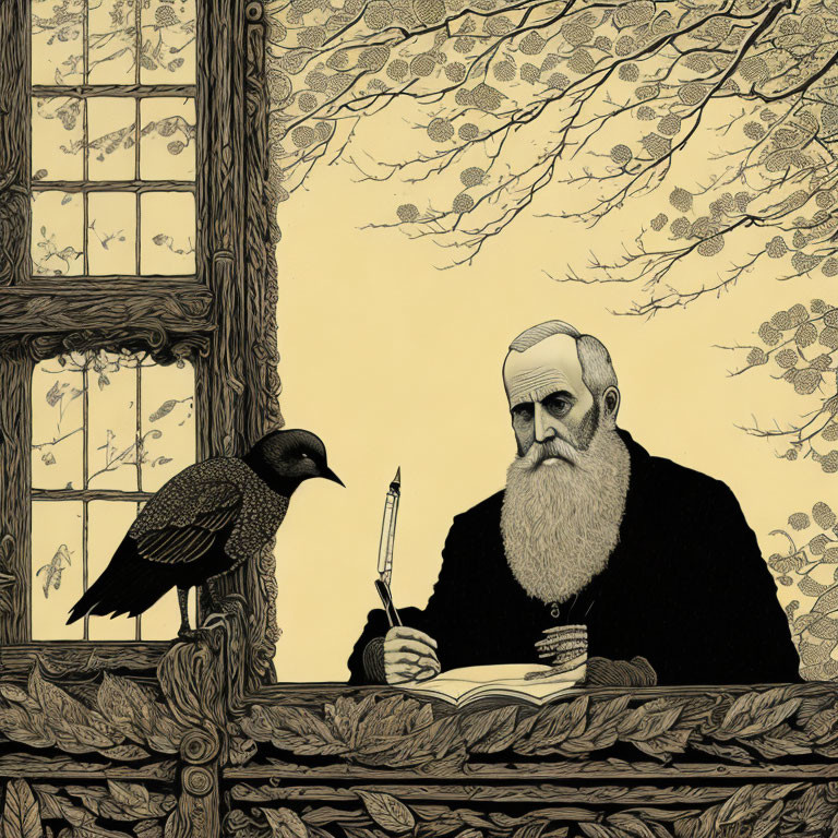 Detailed illustration of bearded man writing with quill pen and raven, tree and window background