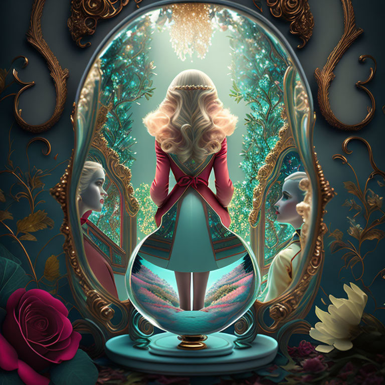 Woman's reflection in ornate mirror with surreal floral backdrop.