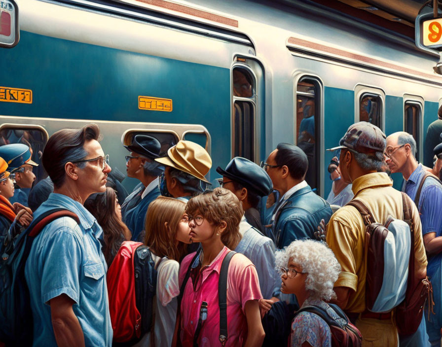 Diverse passengers at train station: young couple kissing, man in sunglasses.