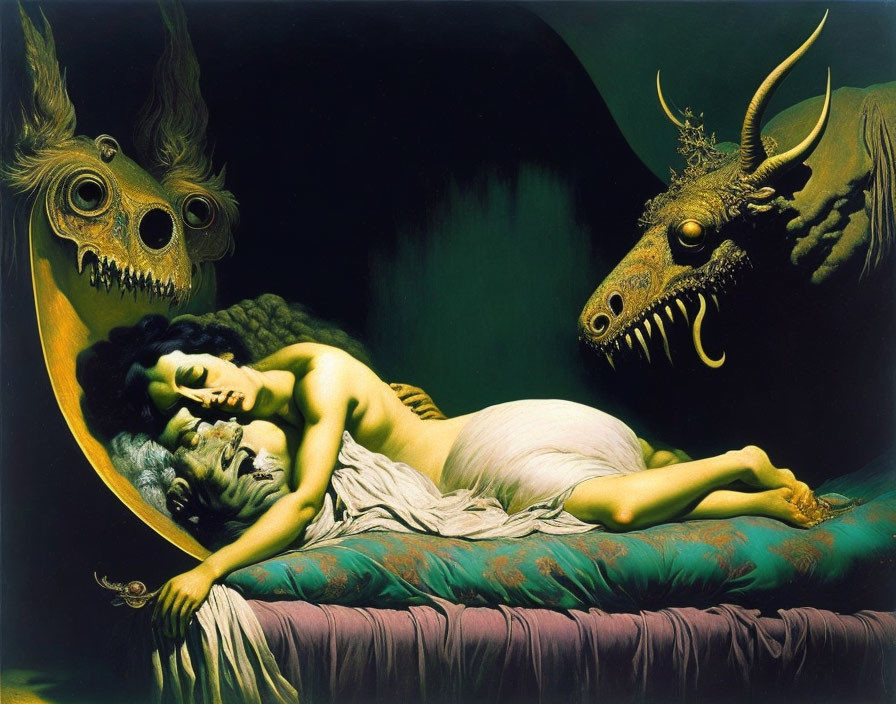 Surreal painting: sleeping woman, fantastical beasts, crescent moon