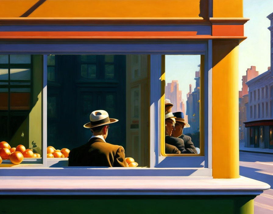 Man in Suit and Hat at Café Window with City Reflections