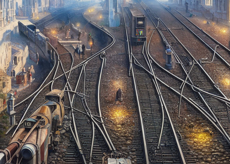 Vintage trains, tram, and pedestrians in illuminated railway yard at dusk