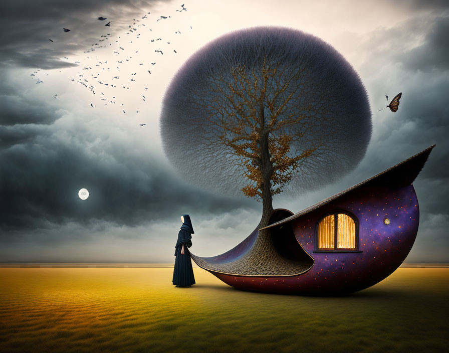 Surreal landscape with cloaked figure, tree, boat, starry sky, birds, moon