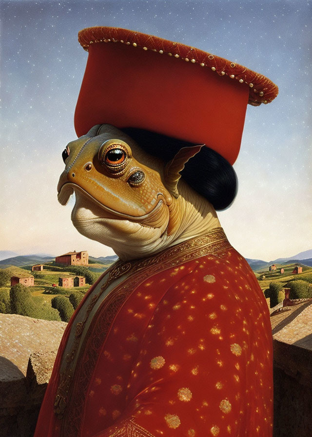 Surreal painting of fish-headed creature in Renaissance attire