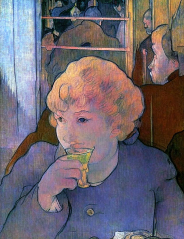 Blonde woman sips drink with post-impressionist background