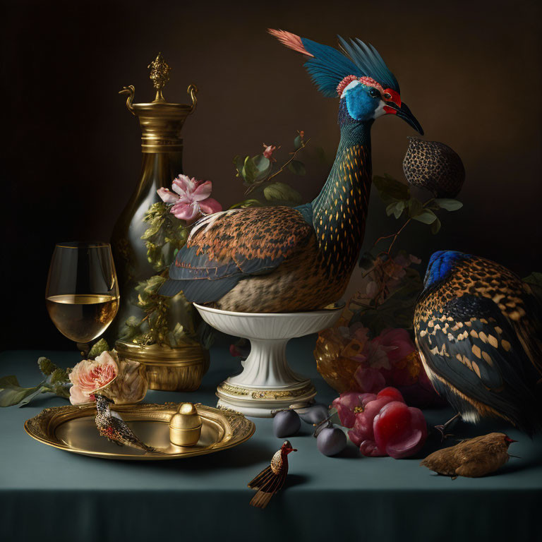 Classic Still Life: Peacock, Gold Pitcher, Wine, Fruits & Flowers