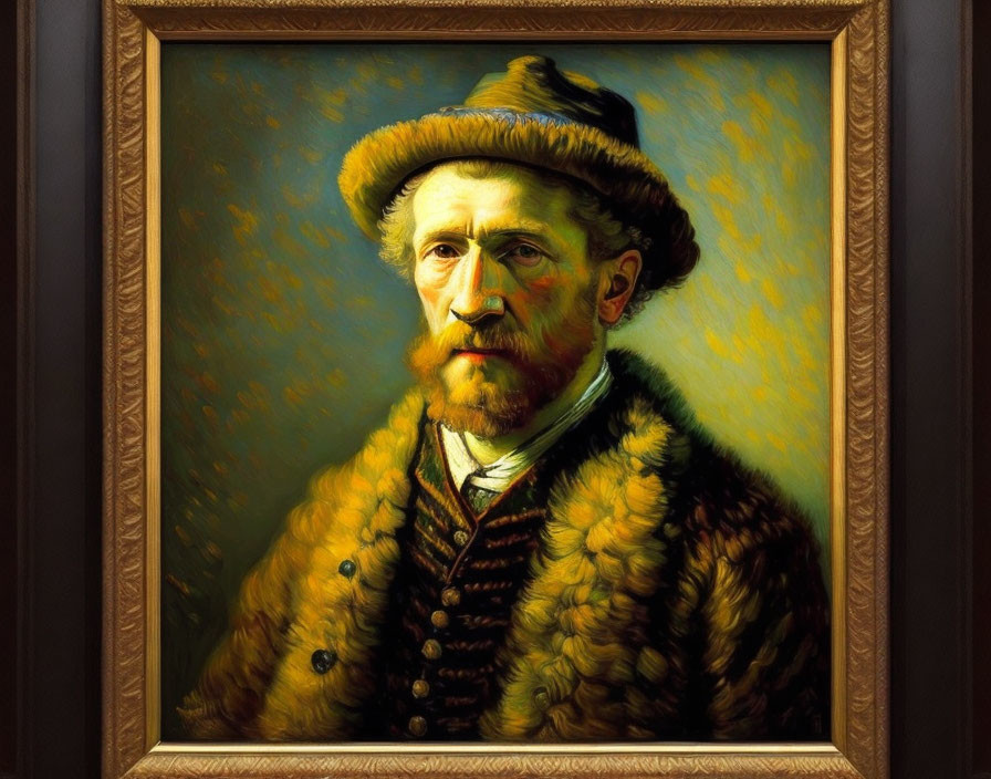 Impressionist style painting of a bearded man in fur coat and hat