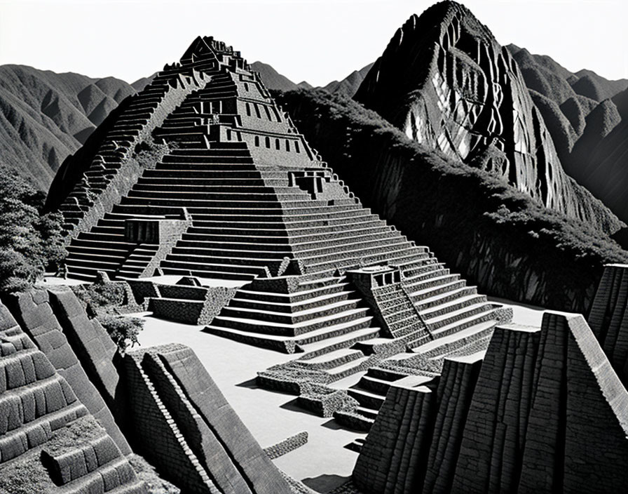 Monochrome image: Machu Picchu terraces and peaks under clear sky