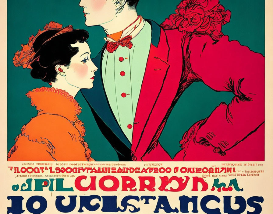 Classic Vintage Poster with Woman in Orange Hat and Man in Red Bow Tie