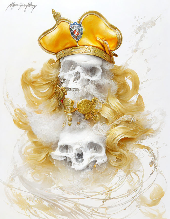 Skull with white beard and golden crown in dynamic paint splatters