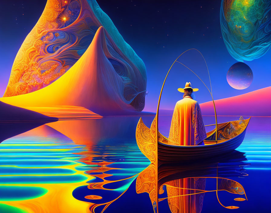 Person in hat on ornate boat in vibrant multicolored lake under surreal celestial sky.