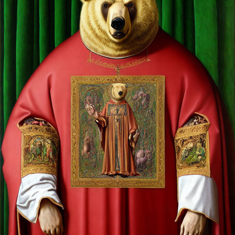 Surreal image: Bear with human body in ornate ecclesiastical robes