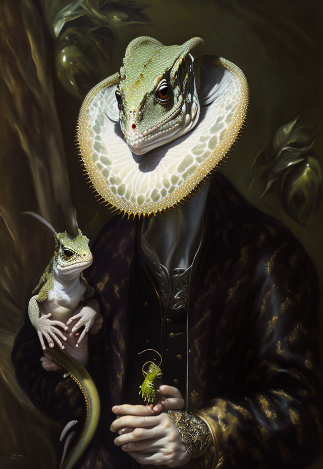 Anthropomorphic lizard creature in elegant jacket with frilled collar holding smaller lizard