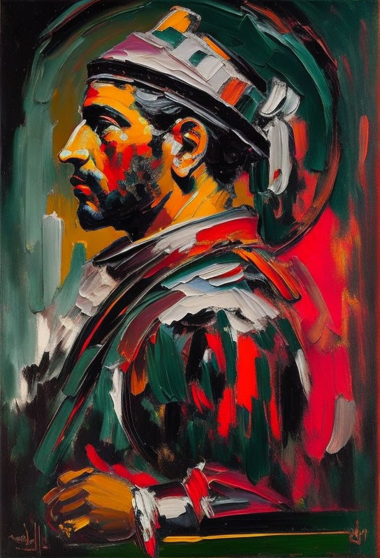 Vibrant portrait of a man in profile with turban and colorful garb