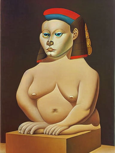 Surreal painting of topless female figure with elongated face and stylized hair