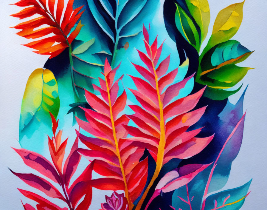 Vibrant watercolor tropical leaves on blue gradient background