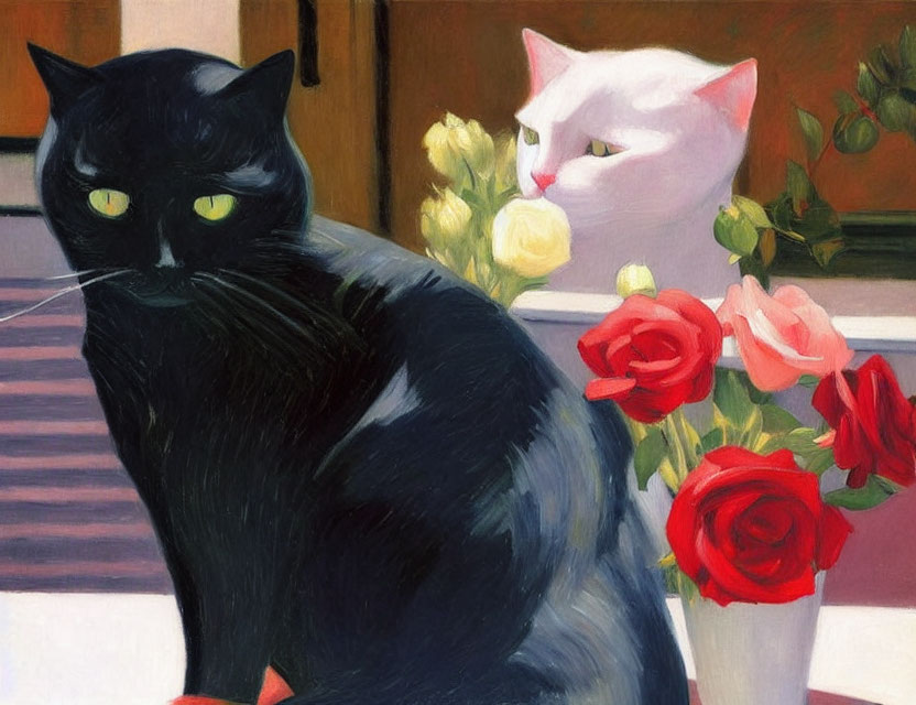 Two painted cats beside a vase of red roses on a patterned surface