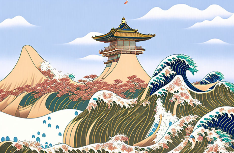 Stylized illustration of pagoda, cherry blossoms, waves, mountains, and clouds