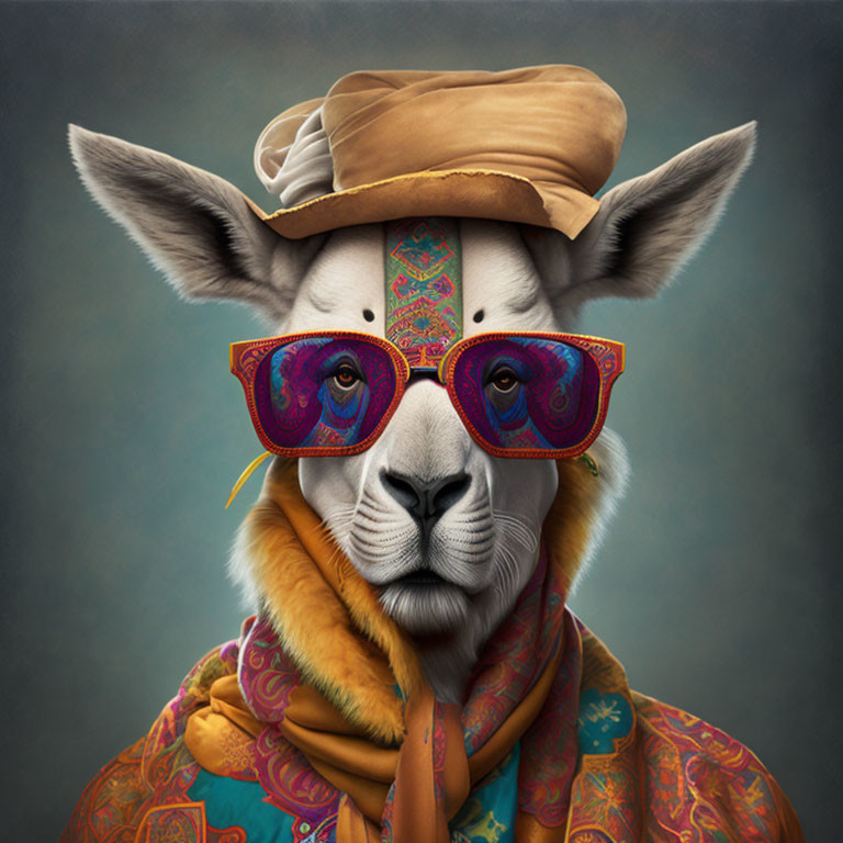 Digitally-created kangaroo with human-like features in beret, sunglasses, and scarf.