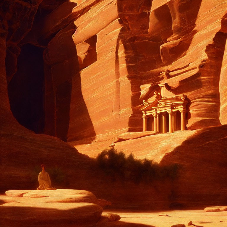 Contemplative person in white near Petra's Al-Khazneh facade