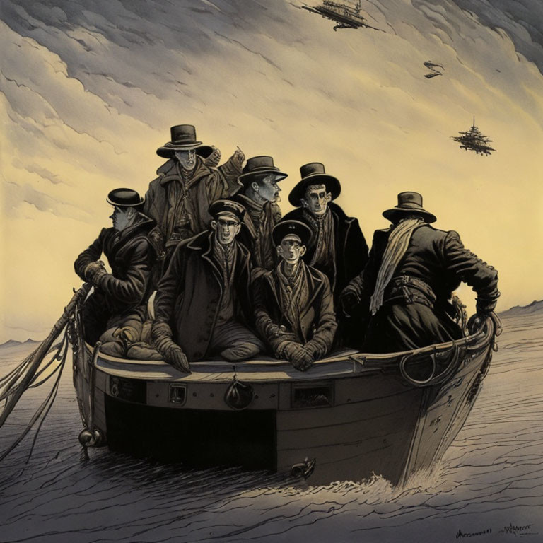 Grayscale illustration: Eight people in vintage attire on a boat in stormy sky with airships