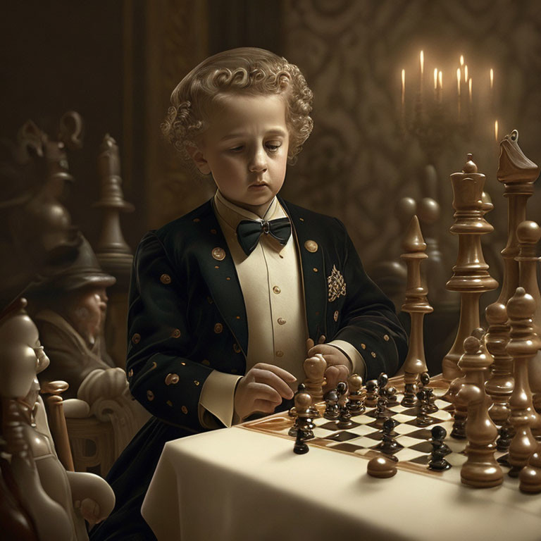 Young child in formal suit playing chess in dimly lit room