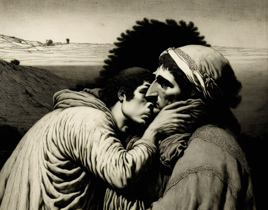 Classical figures embracing in etching with landscape background