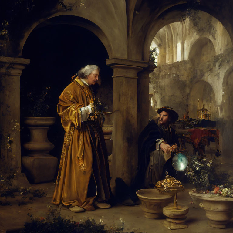 Scholarly men in robes converse in stone setting with archways, globe, and artifacts