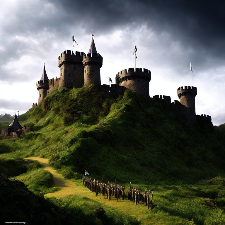 Majestic castle on verdant hill with towers and soldiers under dramatic sky