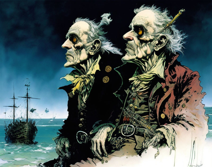 Aged pirates with weathered faces on stormy sea backdrop