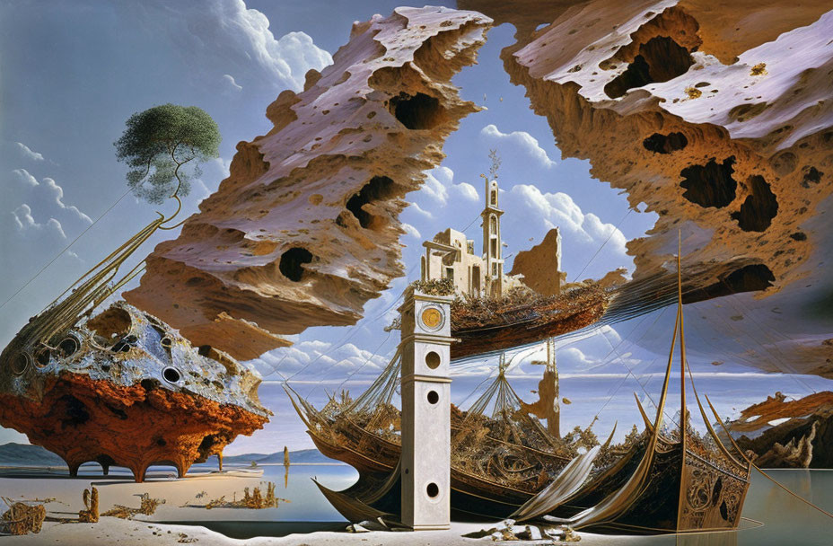 Surrealist landscape with eroded rocks, tree, church, ship under blue sky