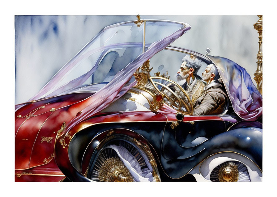 Detailed Artwork: Elderly Man Driving Vintage Car with Gold Detailing