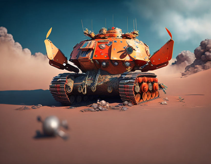 Tank with flower decorations and robot in desert landscape