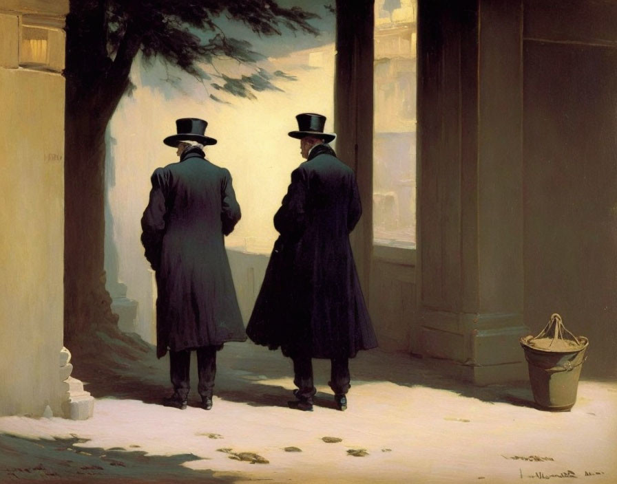 Men in 19th-Century Attire Walking by Neoclassical Columns