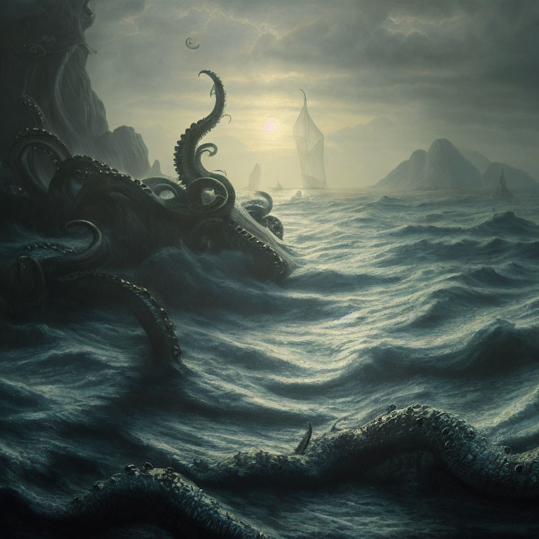 Stormy Ocean Scene: Giant Octopus Tentacles, Sailboat, Cloudy Sky