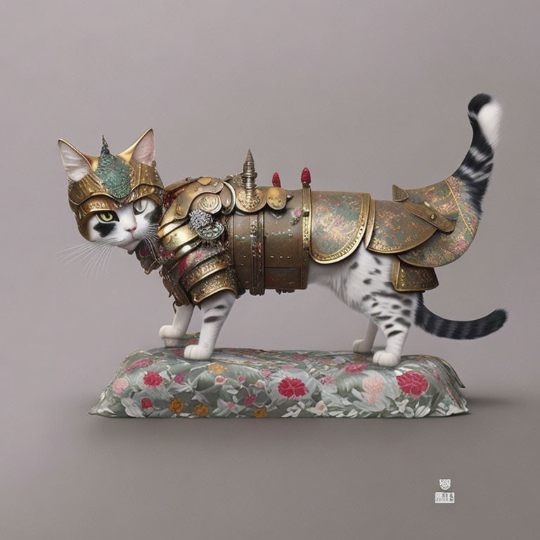 Cat in samurai armor on floral cushion in detailed design