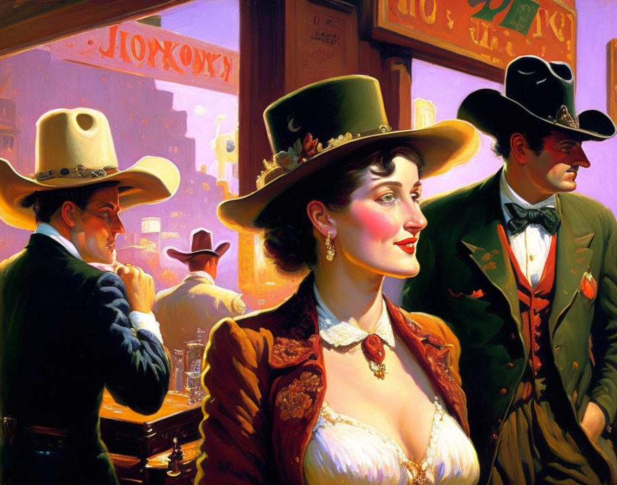 Vintage Western Attire Illustration with Elegant Characters in Saloon Setting