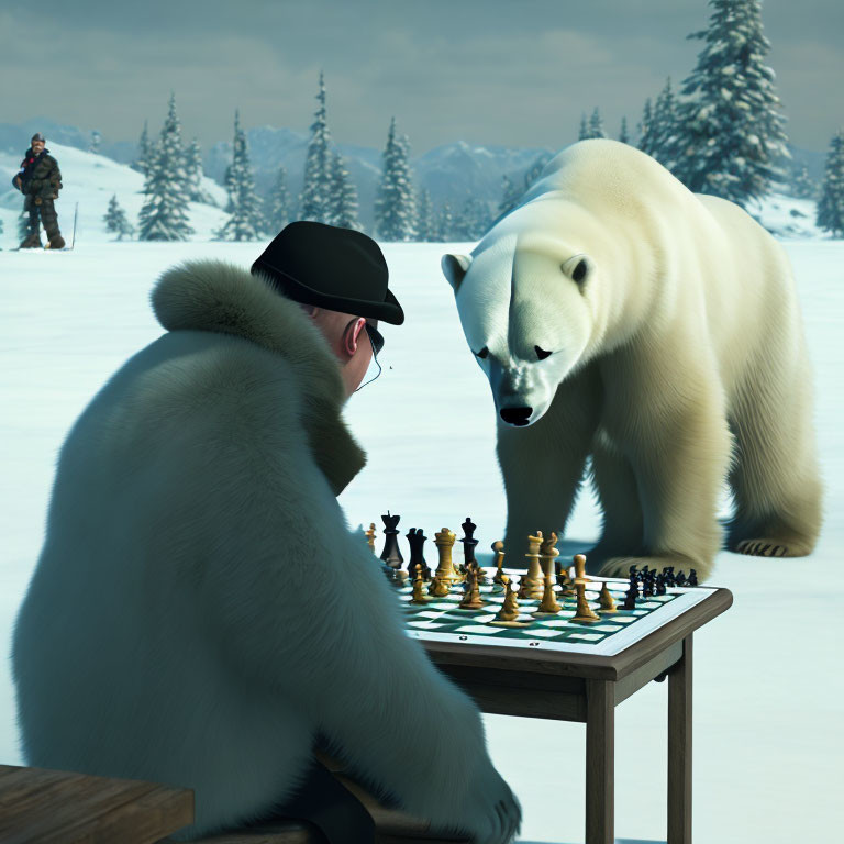 Man in coat playing chess with polar bear in snowy landscape