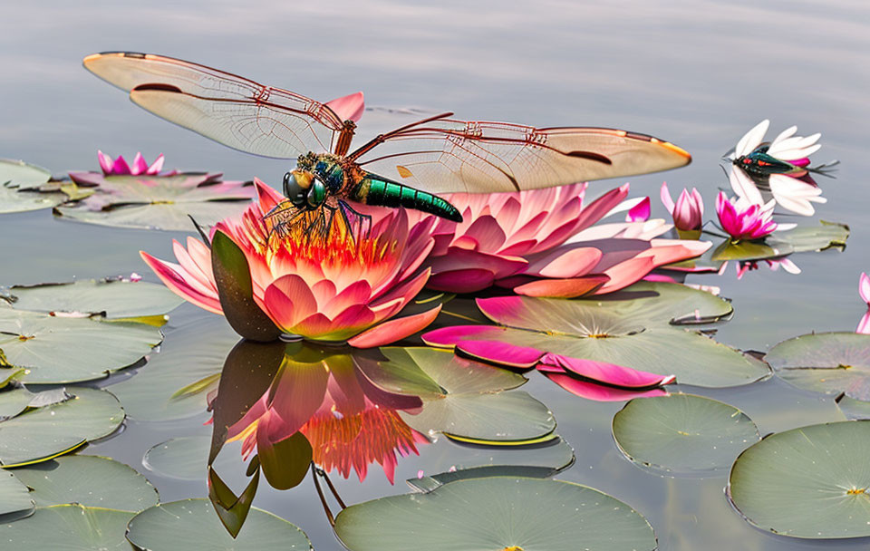 Dragonfly resting on pink and yellow water lily with lily pads on tranquil water surface