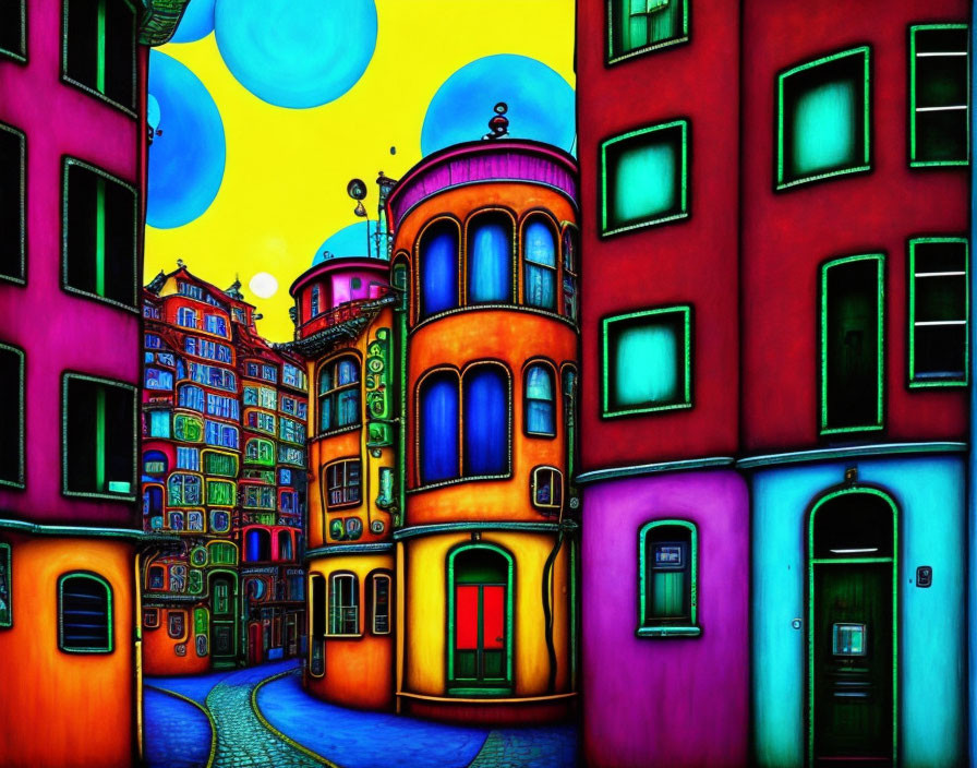 Colorful Whimsical Cityscape with Oversized Moons