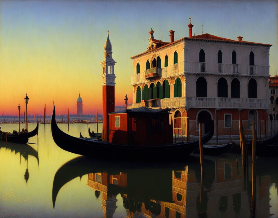 Venice Sunset: Gondolas, Grand Building, Calm Water