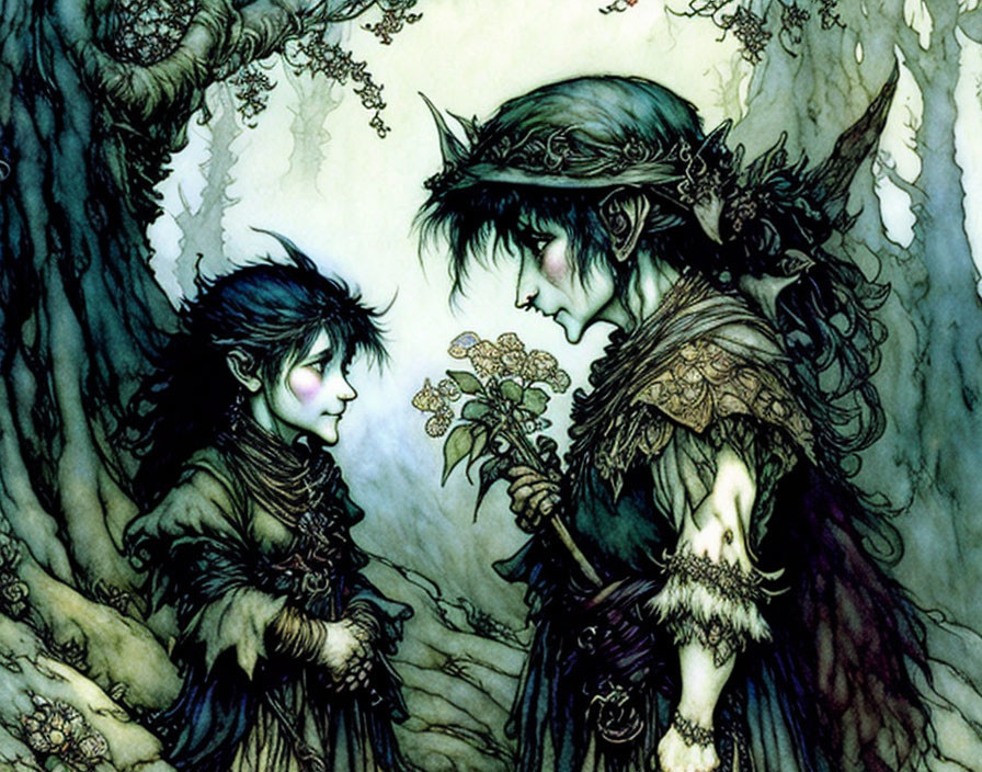 Intricately-detailed elf-like characters in mystical forest scene