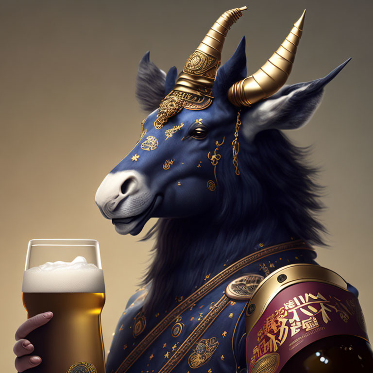 Stylized anthropomorphic goat with golden horns and celestial motifs holding a beer