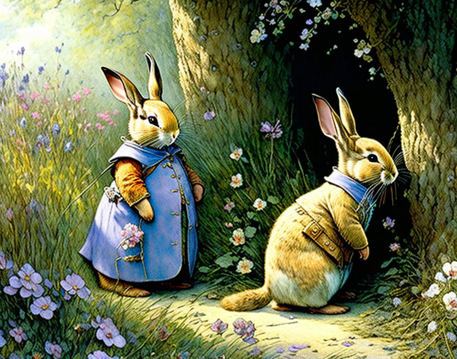 Anthropomorphic rabbits in clothes by burrow entrance in whimsical style