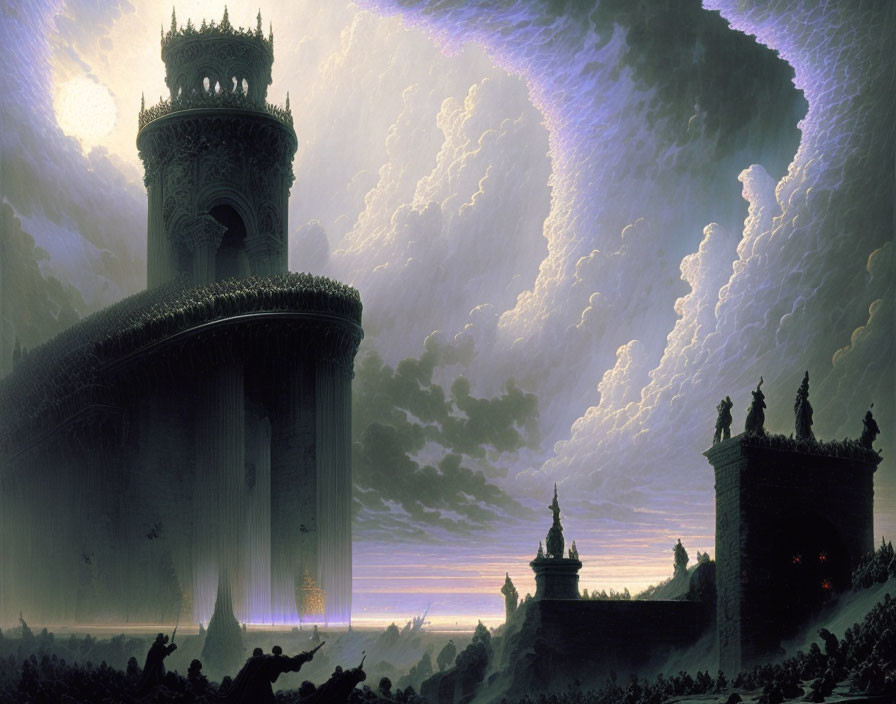 Majestic fantasy castle under stormy sky with glowing portal and silhouetted figures