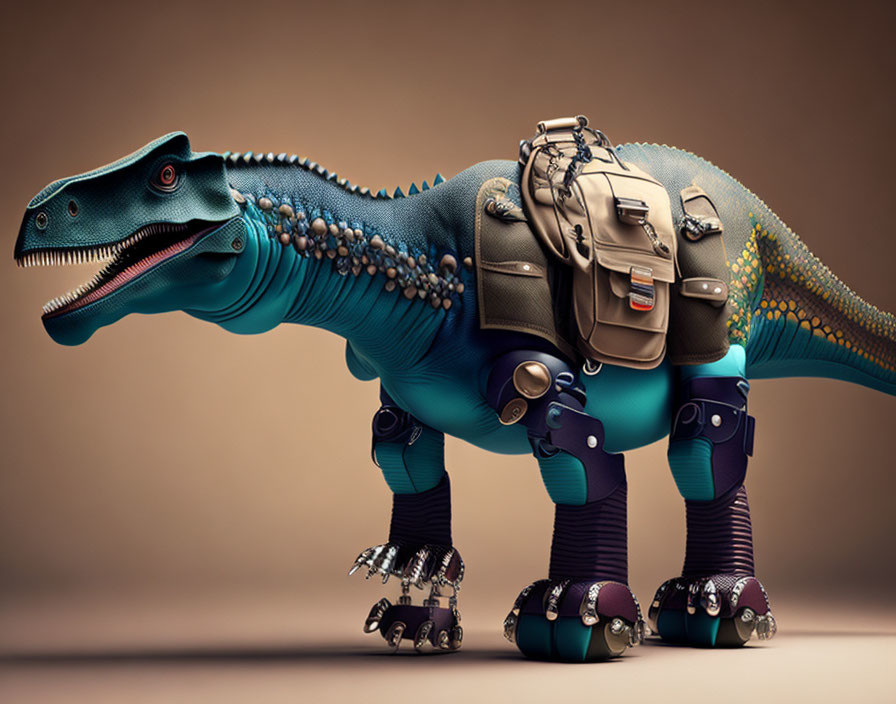 Robotic dinosaur with mechanical limbs and backpack on plain background